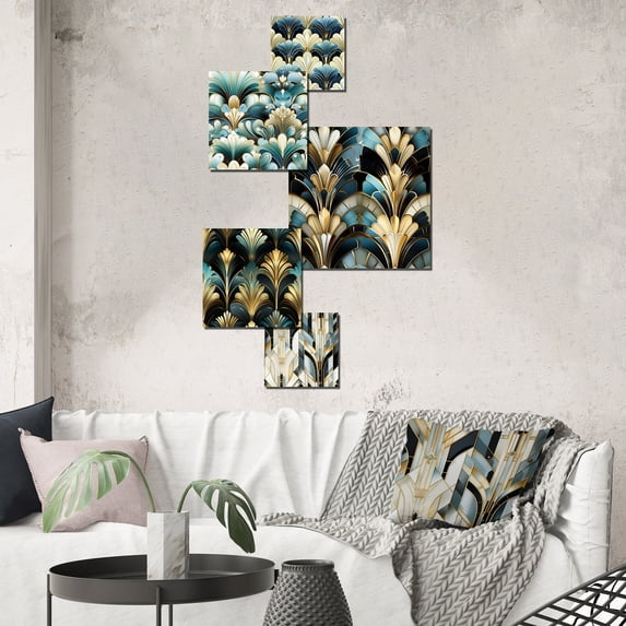 Designart "Deco Splendor In Blue & Beige" Damask Wall Art Set Of 5 - Blue Bohemian For Bedroom Wall Art Set