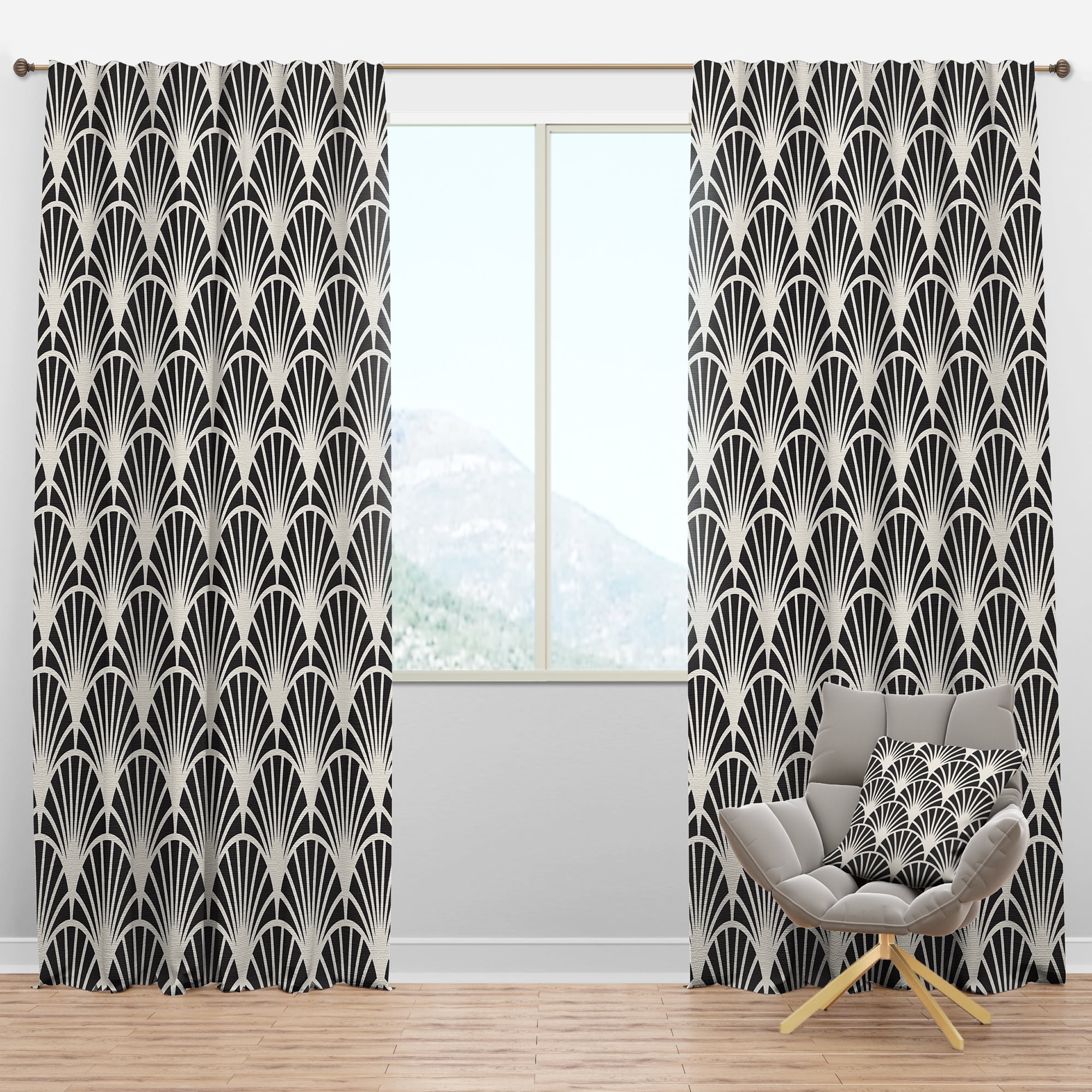 Retro Art Deco Black and Off-White Linen Blackout Curtain Panel