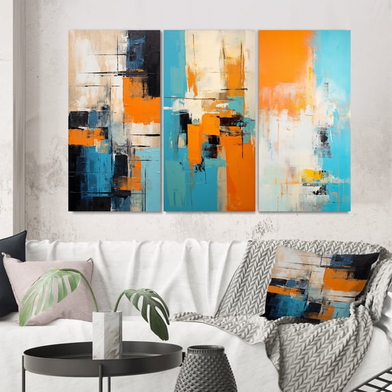 Designart "Deconstructed Colorfields Minimalist Abstract I" Abstract Painting Wall Art Set Of 3 - Modern Blue Gallery Set For Office Decor