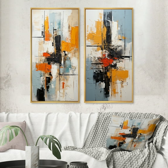 Designart "Deconstructed Colorfields Minimalist Abstraction II" Abstract Painting Framed Wall Art Set Of 2 - Modern Blue Gallery Wall Frame Set For Home Decor