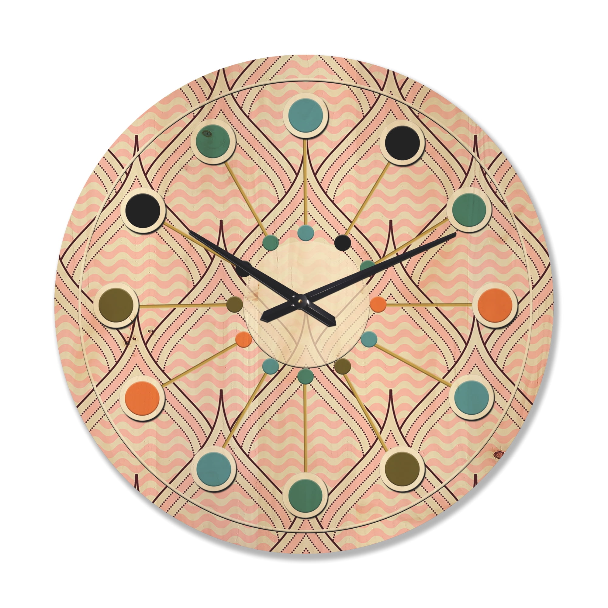 Designart 'Decorative Elements With Retro Ornament' Mid-Century Modern Wood Wall Clock