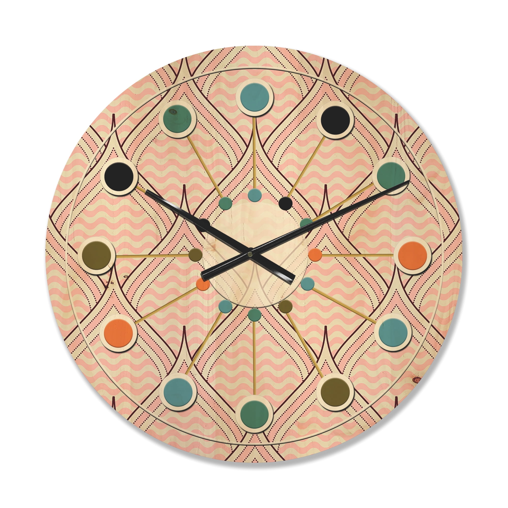 Designart 'Decorative Elements With Retro Ornament' Mid-Century Modern Wood Wall Clock
