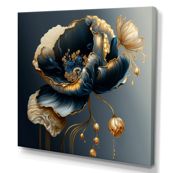 Designart Deep Blue And Gold Single Flower I Canvas Wall Art