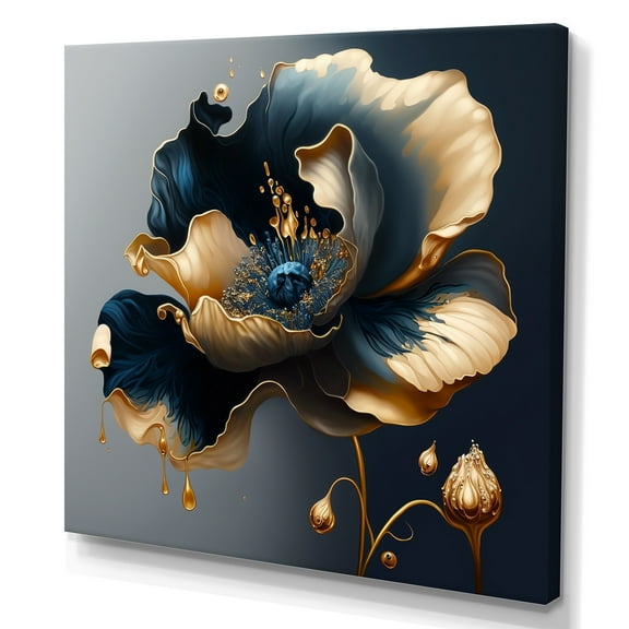 Designart Deep Blue And Gold Single Flower II Canvas Wall Art