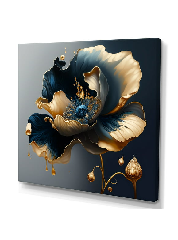 Designart Deep Blue And Gold Single Flower II Canvas Wall Art
