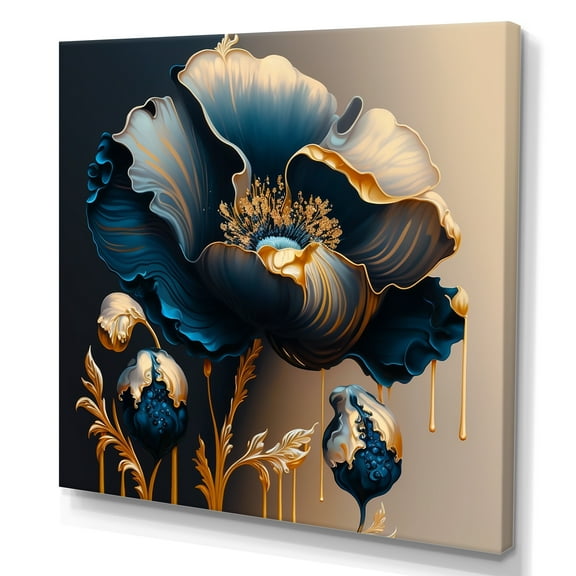 Designart Deep Blue And Gold Single Flower V Canvas Wall Art