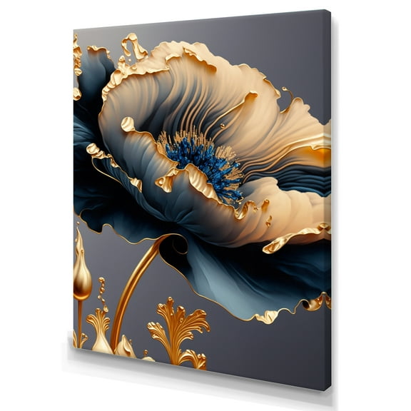 Designart Deep Blue And Gold Single Flower VI Canvas Wall Art