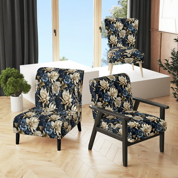 Designart "Deep Blue And White Daisy In Tranquility III" Blue Floral Upholstered Accent Chair - Cottage Arm Chair For Living Room
