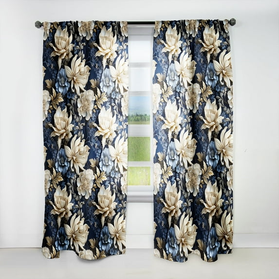 Designart "Deep Blue And White Daisy In Tranquility III" Floral Room Darkening Curtain Panel