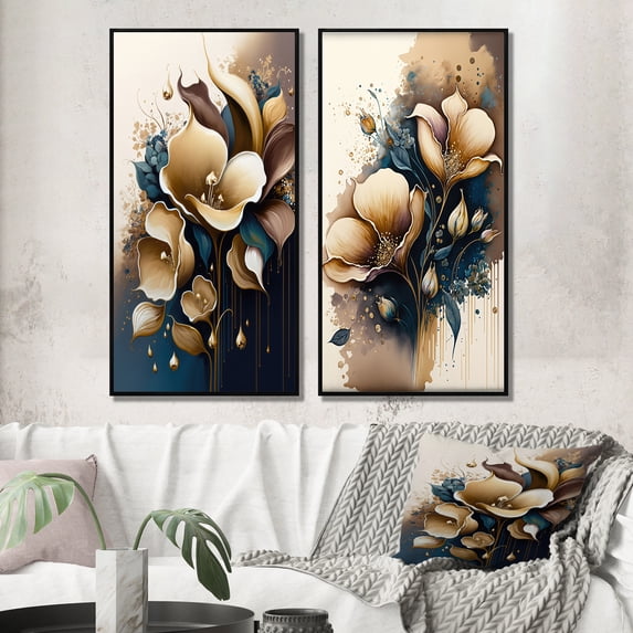 Designart "Deep Blue Calla Lilies in Bouquet VI" Calla Lily Framed Wall Art Set Of 2 - Blue Floral Frame Gallery Set For Office Decor