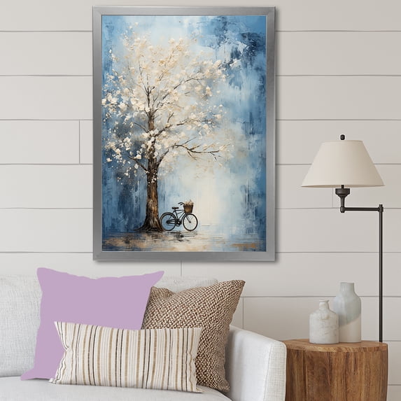 Designart "Deep Blue Mystery Pale Tree" Bicycle Picture Framed Canvas Prints