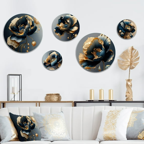 Designart "Deep Blue and Gold Blossom I" Floral Metal Wall Art Set of 5 Piece