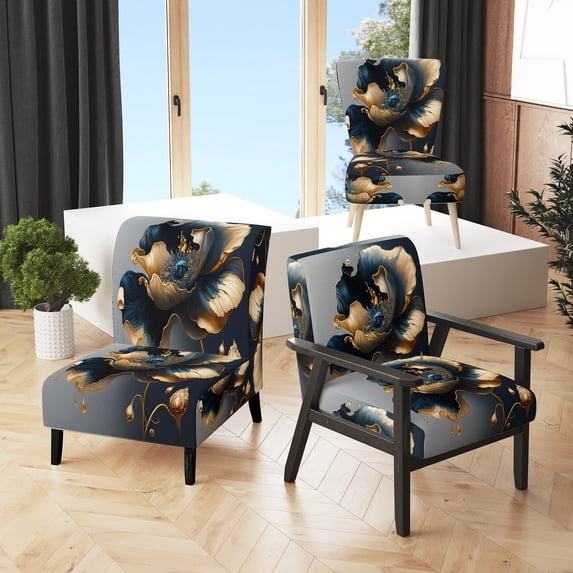 Designart "Deep Blue and Gold Blossom II" Blue Floral & Botanical Upholstered Accent Chair - Traditional Arm Chair For Living Room