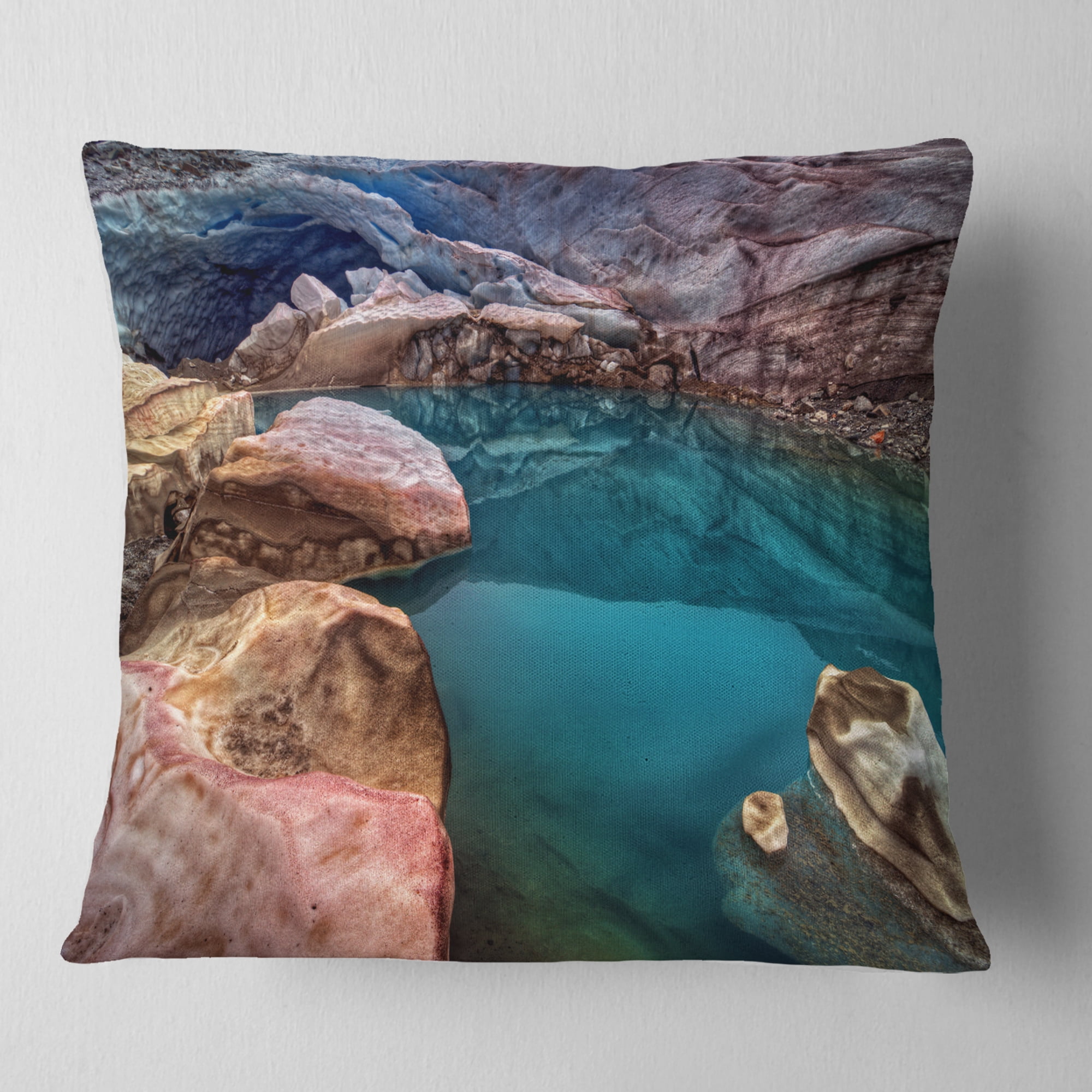 Designart Deep Glacier Cave in Blue - Landscape Printed Throw Pillow - 16x16
