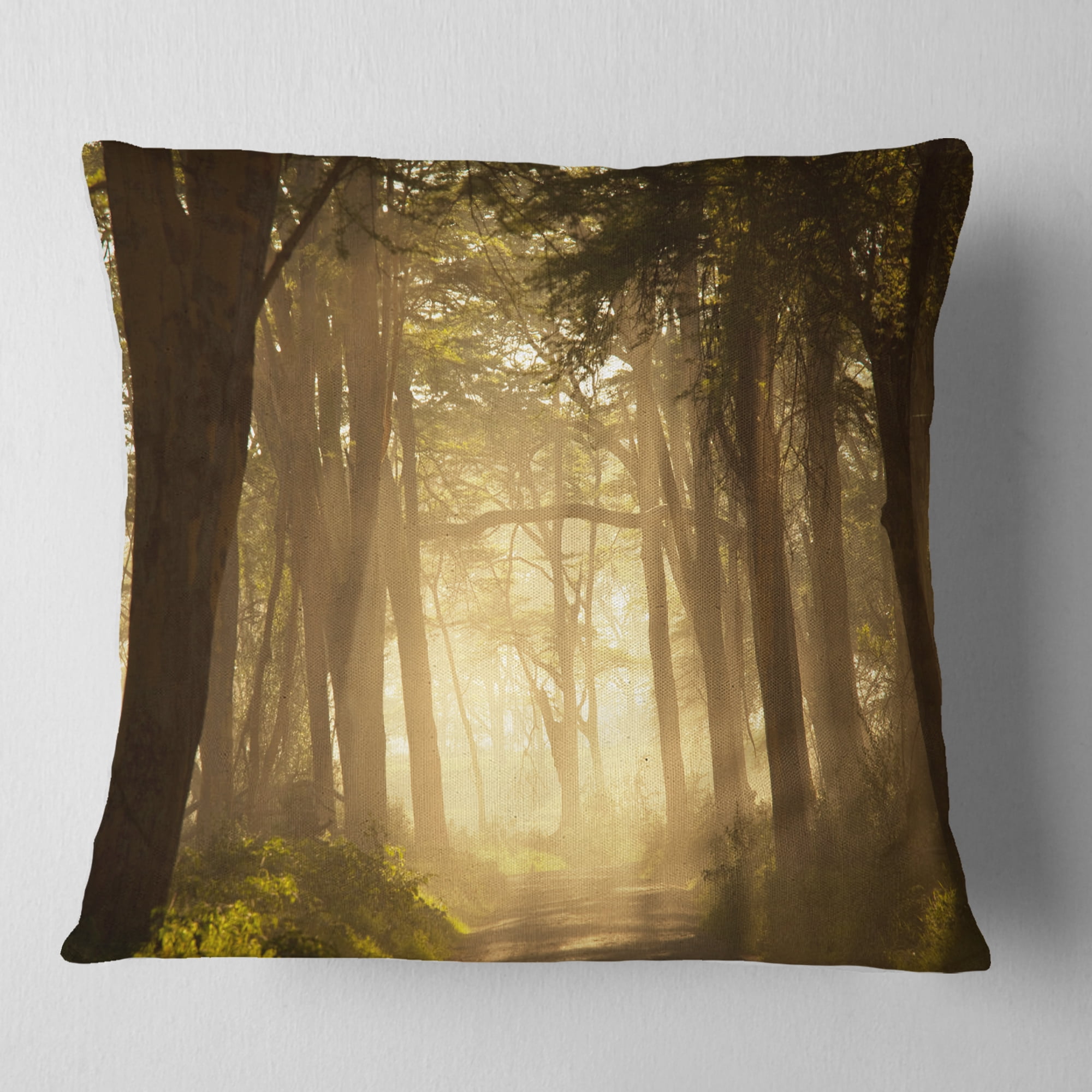 Designart Deep Jungle with Foggy Sunlight - Landscape Printed Throw Pillow - 16x16