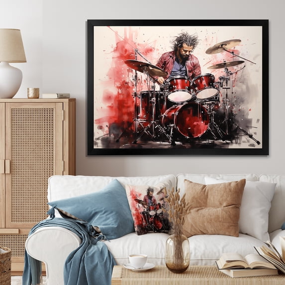 Designart "Deep Red Drum Beat Rhythm II" Entertainment Framed Wall Art Decor - Vintage Red Music Hallway Framed Wall Art Decor