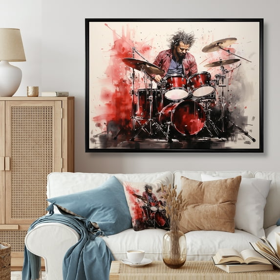 Designart "Deep Red Drum Beat Rhythm II" Entertainment Framed Wall Art - Vintage Red Music Bedroom Framed Canvas Wall Art