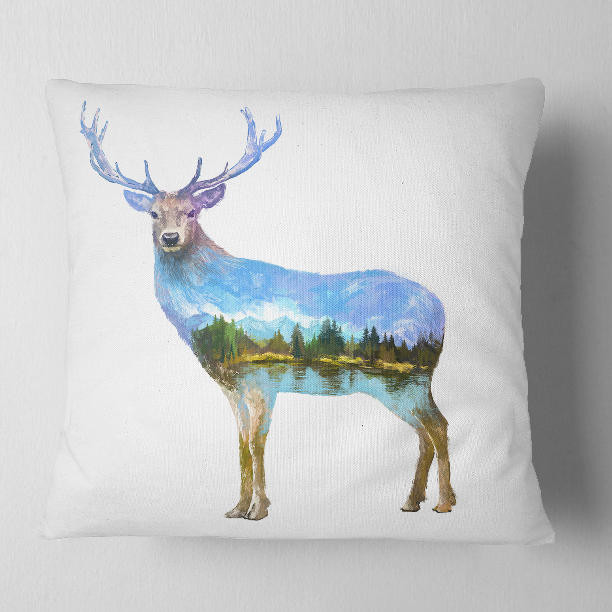 Designart Deer Double Exposure Illustration - Animal Throw Pillow - 18x18