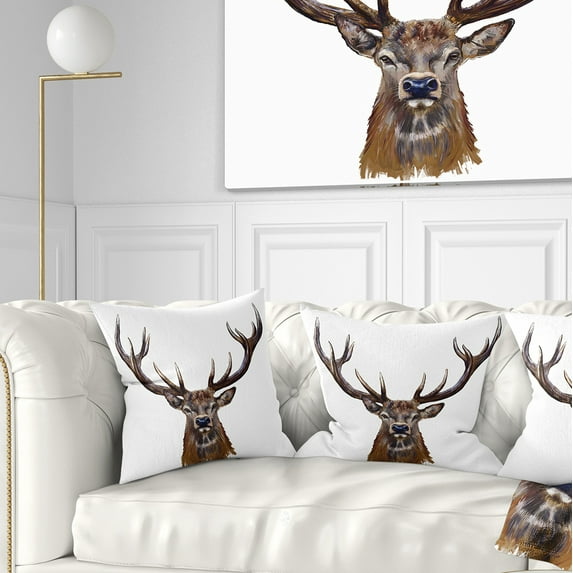 Designart Deer Head in Front Illustration - Animal Throw Pillow - 16x16