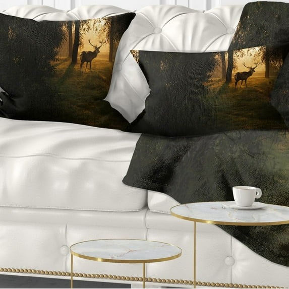 Designart Deer In Sunset In Deep Forest - Forest Throw Pillow - 12x20