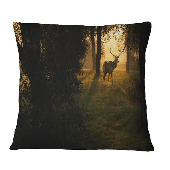 Designart Deer In Sunset In Deep Forest - Forest Throw Pillow - 16x16