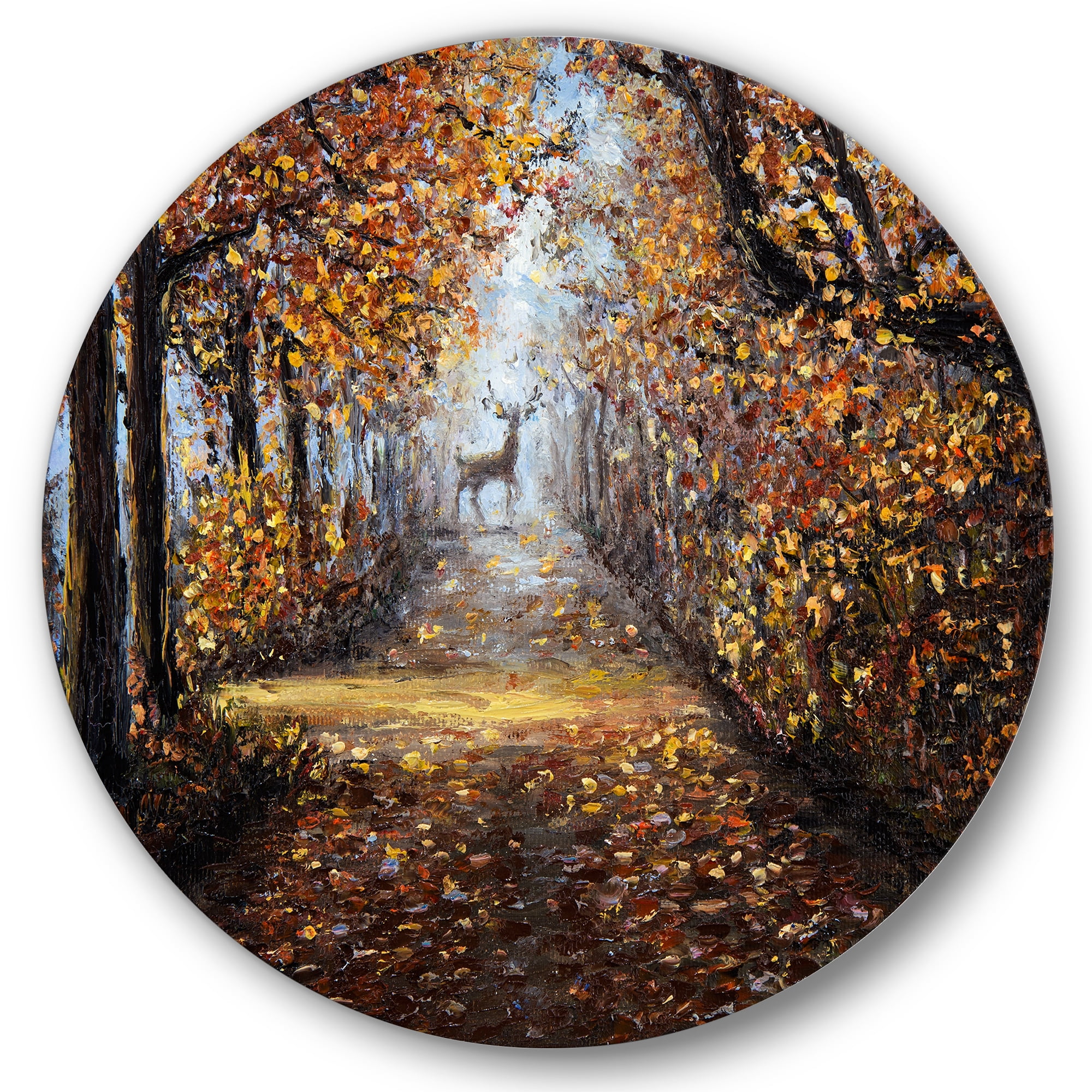 Designart 'Deer In The Autumn Park' Lake House Circle Metal Wall Art 36x36 - Disc of 36