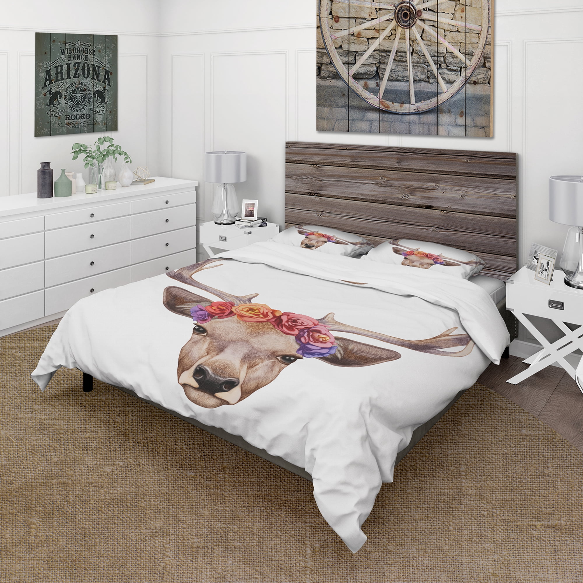 Designart 'Deer Portrait with Floral Head' Country Duvet Cover Set