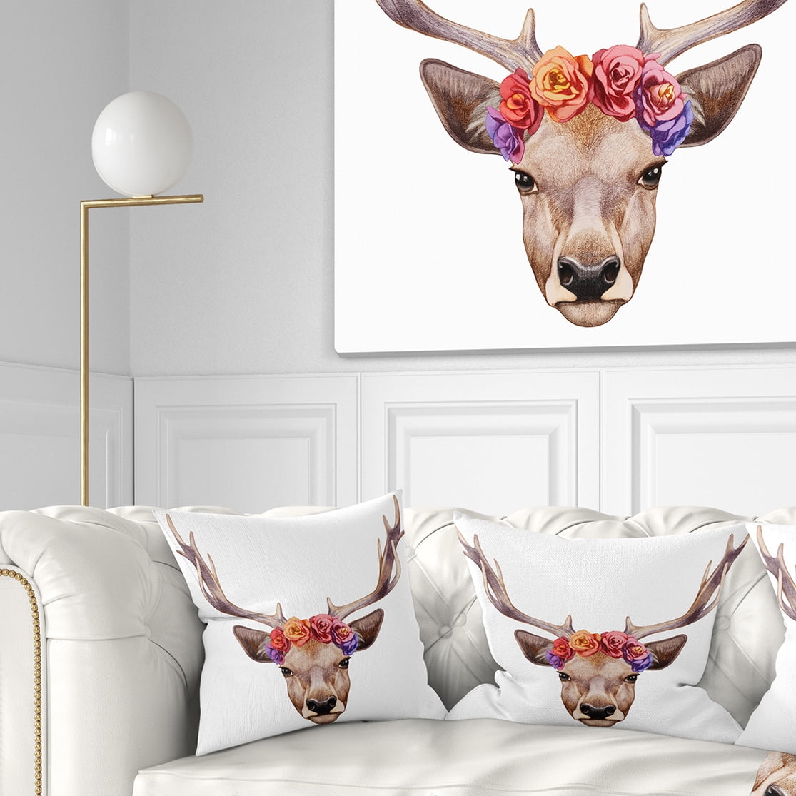 Designart Deer Portrait with Floral Head - Deer Throw Pillow - 18x18