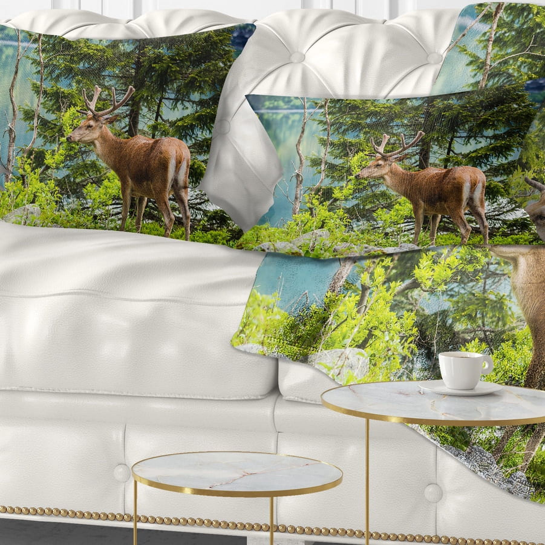 Designart Deer Stag near the Lake - Animal Throw Pillow - 12x20