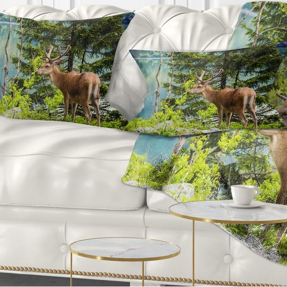 Designart Deer Stag near the Lake - Animal Throw Pillow - 12x20