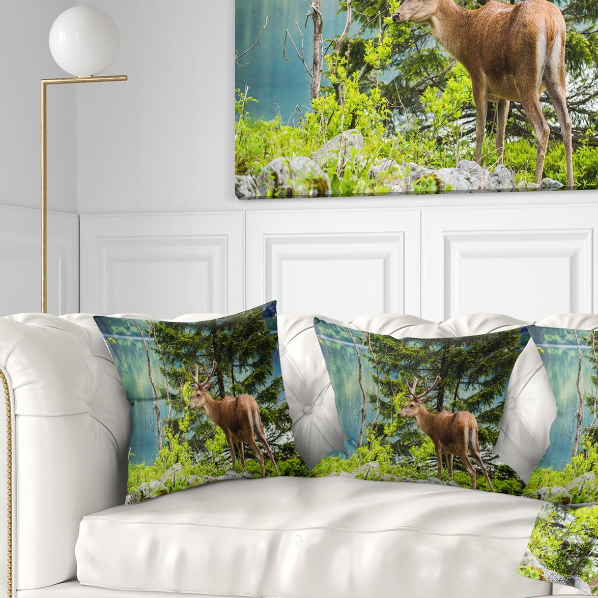 Designart Deer Stag near the Lake - Animal Throw Pillow - 18x18