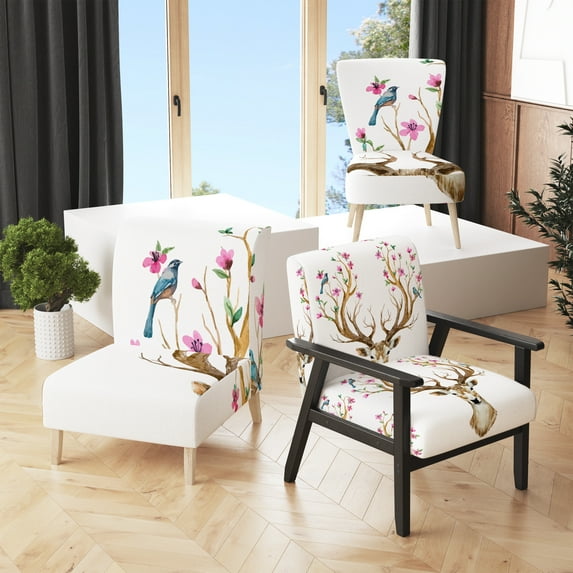 Designart "Deer With Blossoming Flower In Antlers" Upholstered Traditional Accent Chair and Arm Chair