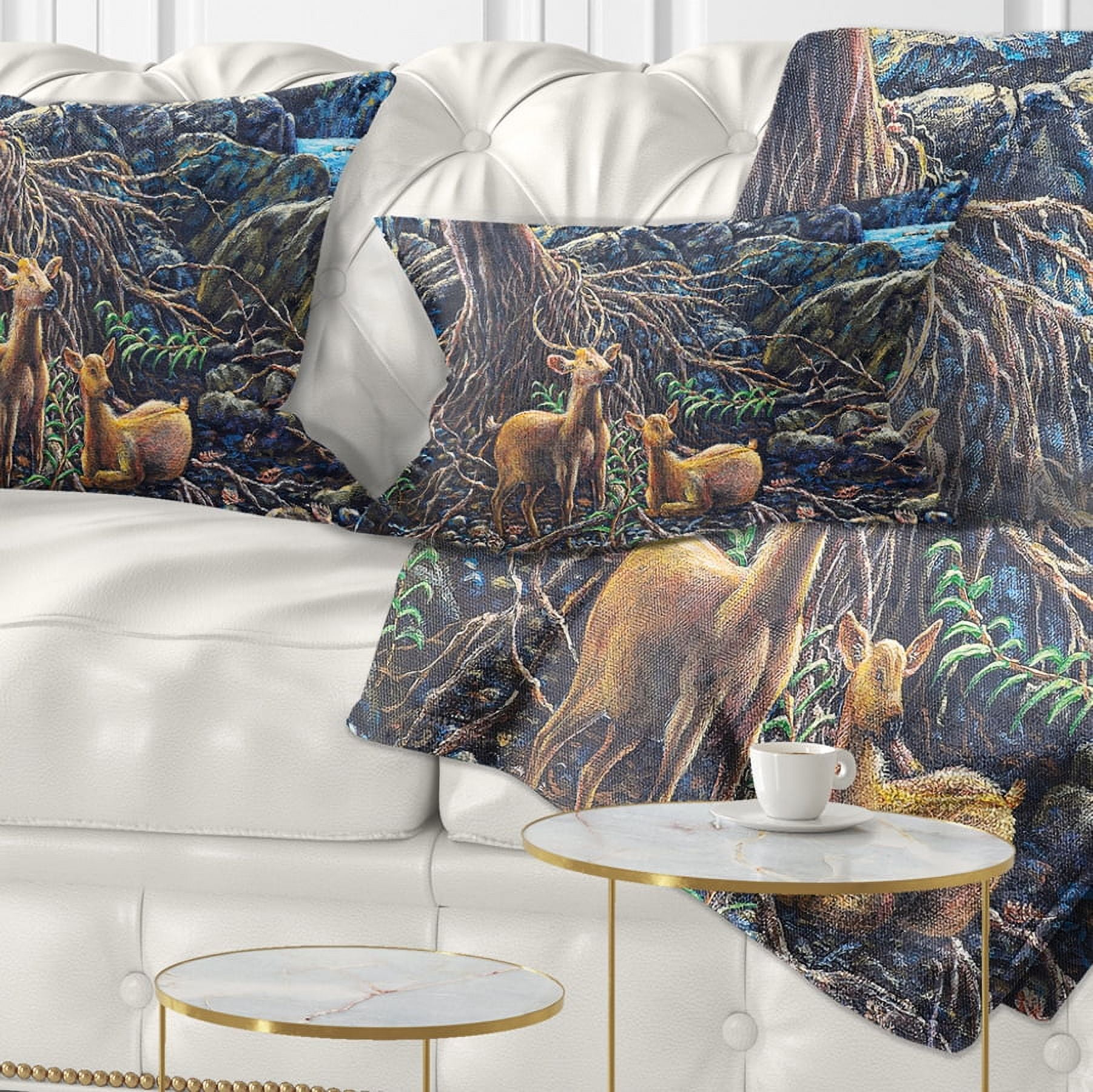 Designart Deer in Forest - Landscape Painting Throw Pillow - 12x20