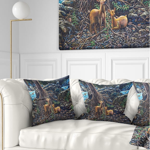 Designart Deer in Forest - Landscape Painting Throw Pillow - 16x16