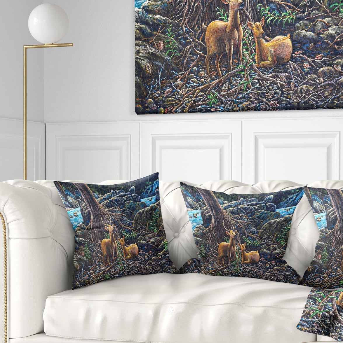Designart Deer in Forest - Landscape Painting Throw Pillow - 18x18