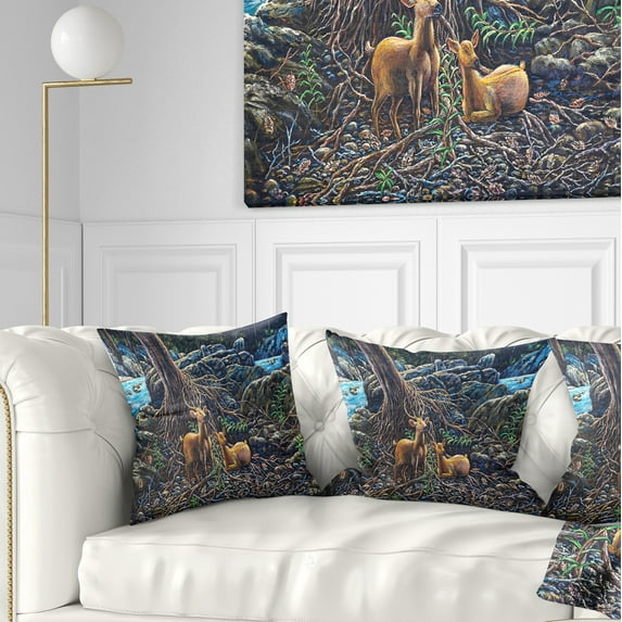 Designart Deer in Forest - Landscape Painting Throw Pillow - 18x18