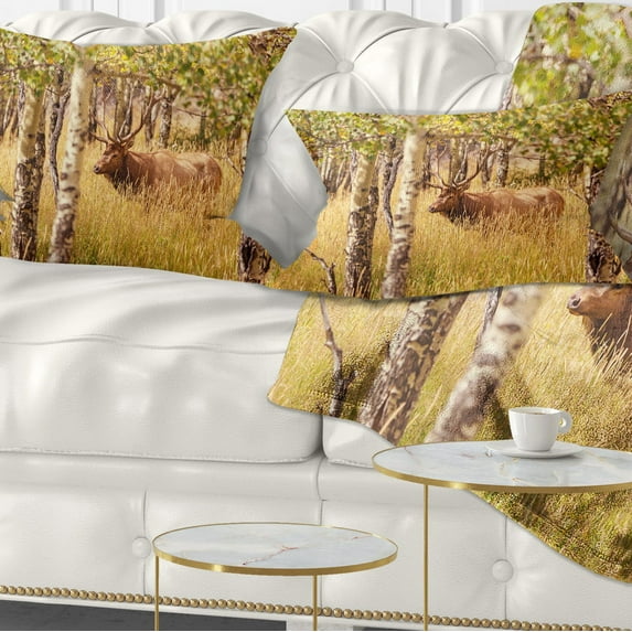 Designart Deer in Thick Forest Grassland - Landscape Printed Throw Pillow - 12x20