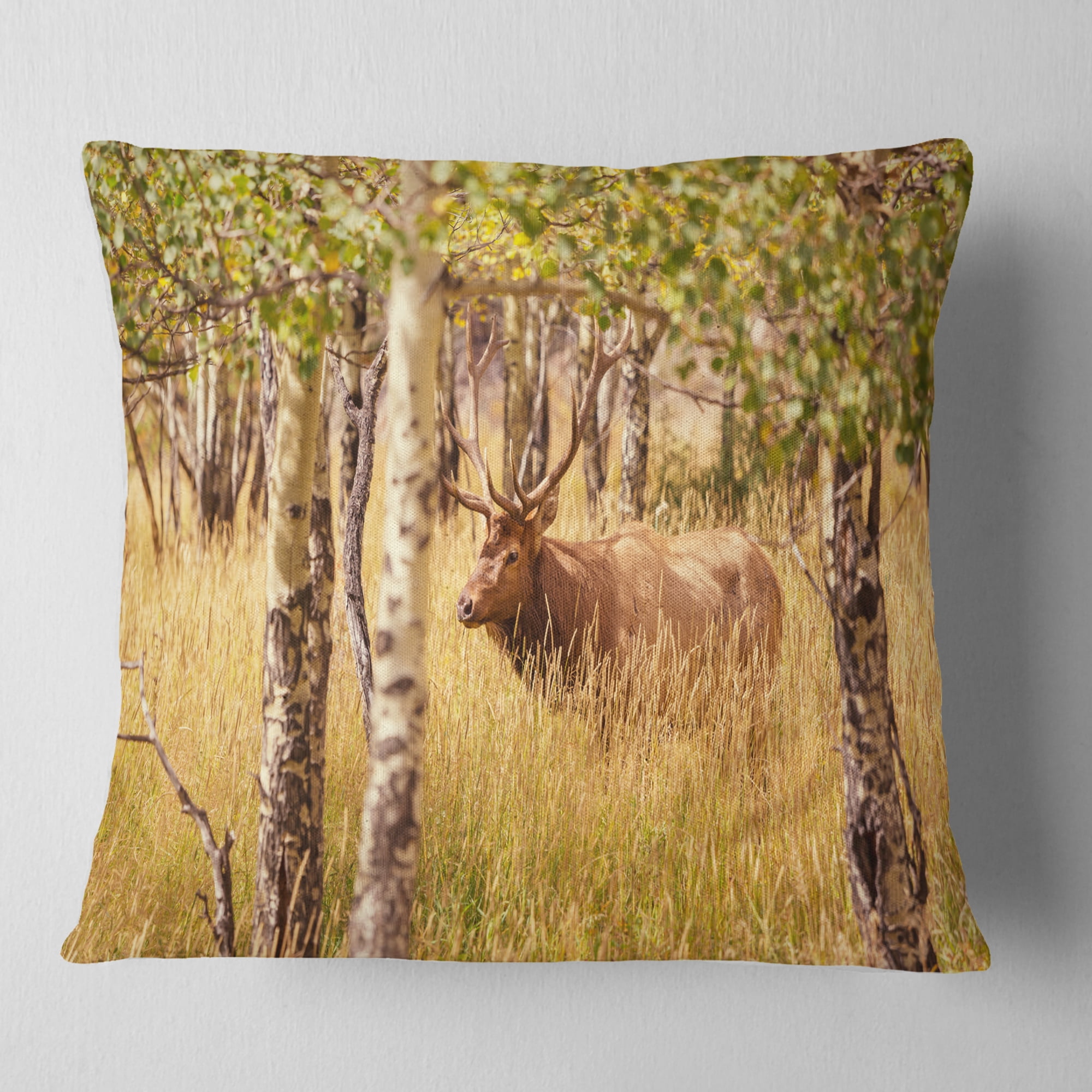 Designart Deer in Thick Forest Grassland - Landscape Printed Throw Pillow - 18x18