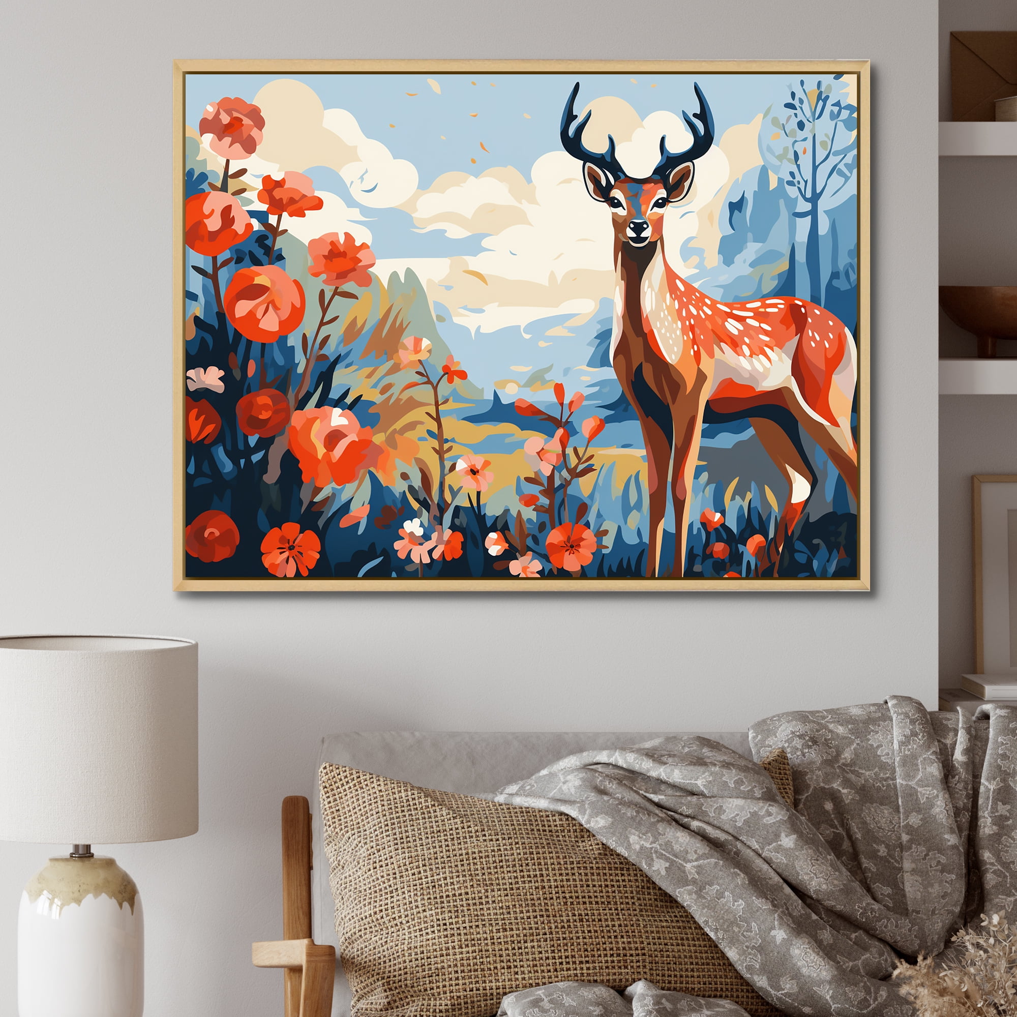 Designart "Deer in the Forest Red and Blue" Animals Framed Wall Art