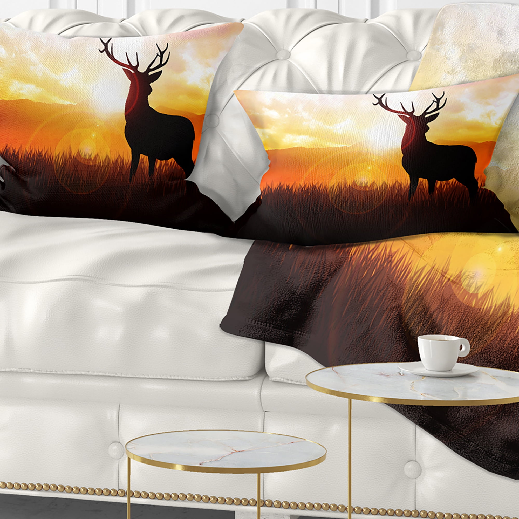 Designart Deer on Meadow During Sunrise - Animal Throw Pillow - 12x20