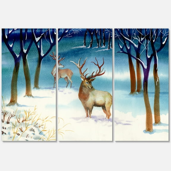 Designart ' Deers With Winter Landscape ' Traditional Canvas Wall Art Print