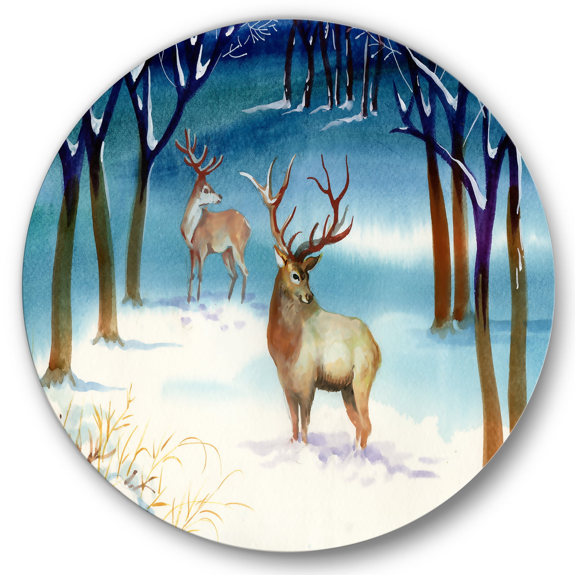Designart 'Deers With Winter Landscape' Traditional Circle Metal Wall Art 11x11 - Disc of 11