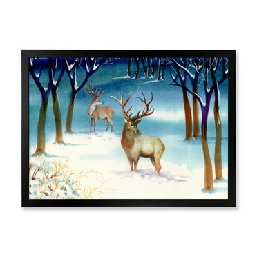 Designart 'Deers With Winter Landscape' Traditional Framed Art Print