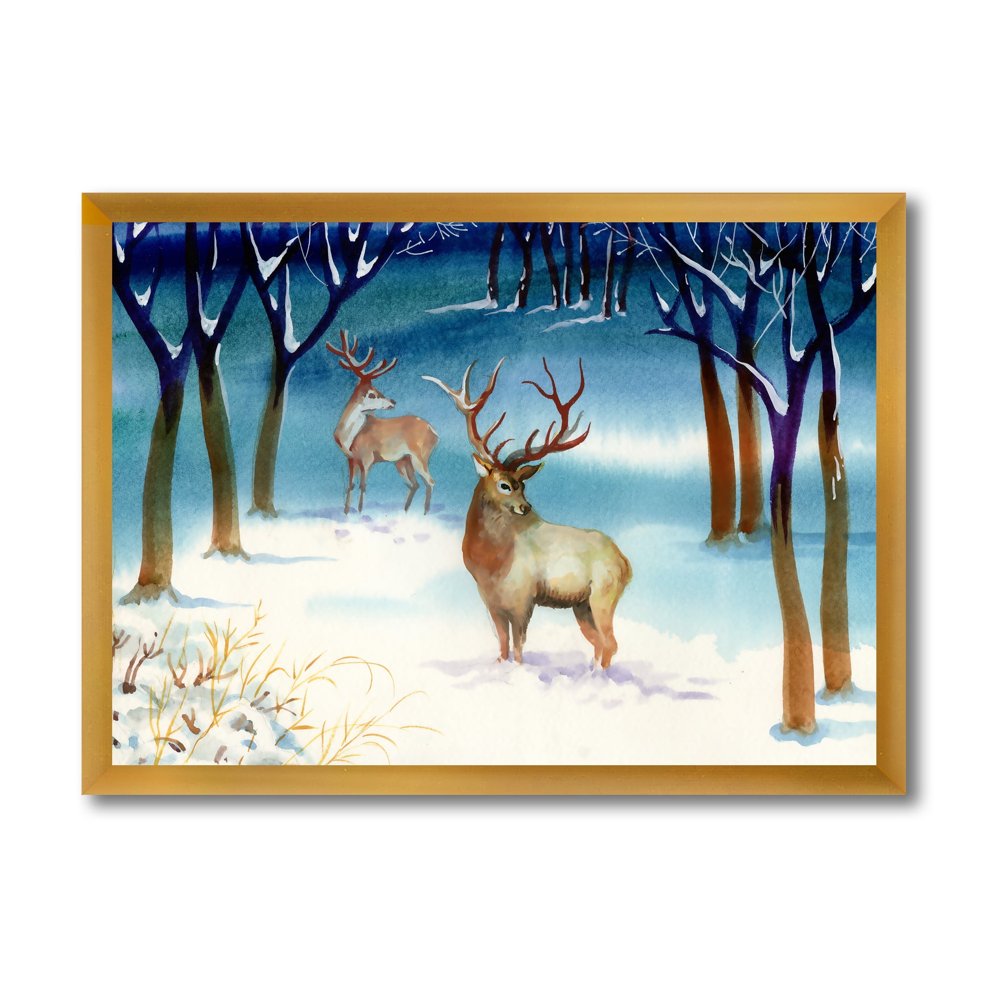 Designart 'Deers With Winter Landscape' Traditional Framed Art Print