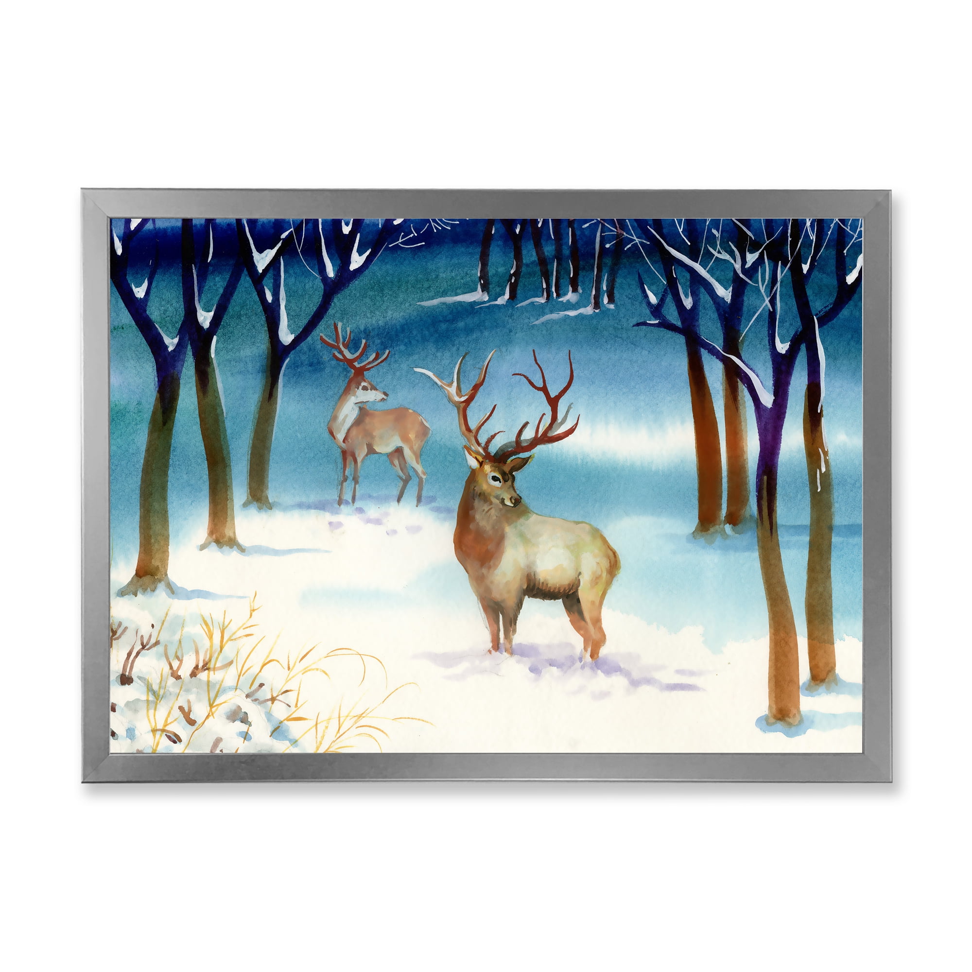 Designart 'Deers With Winter Landscape' Traditional Framed Art Print