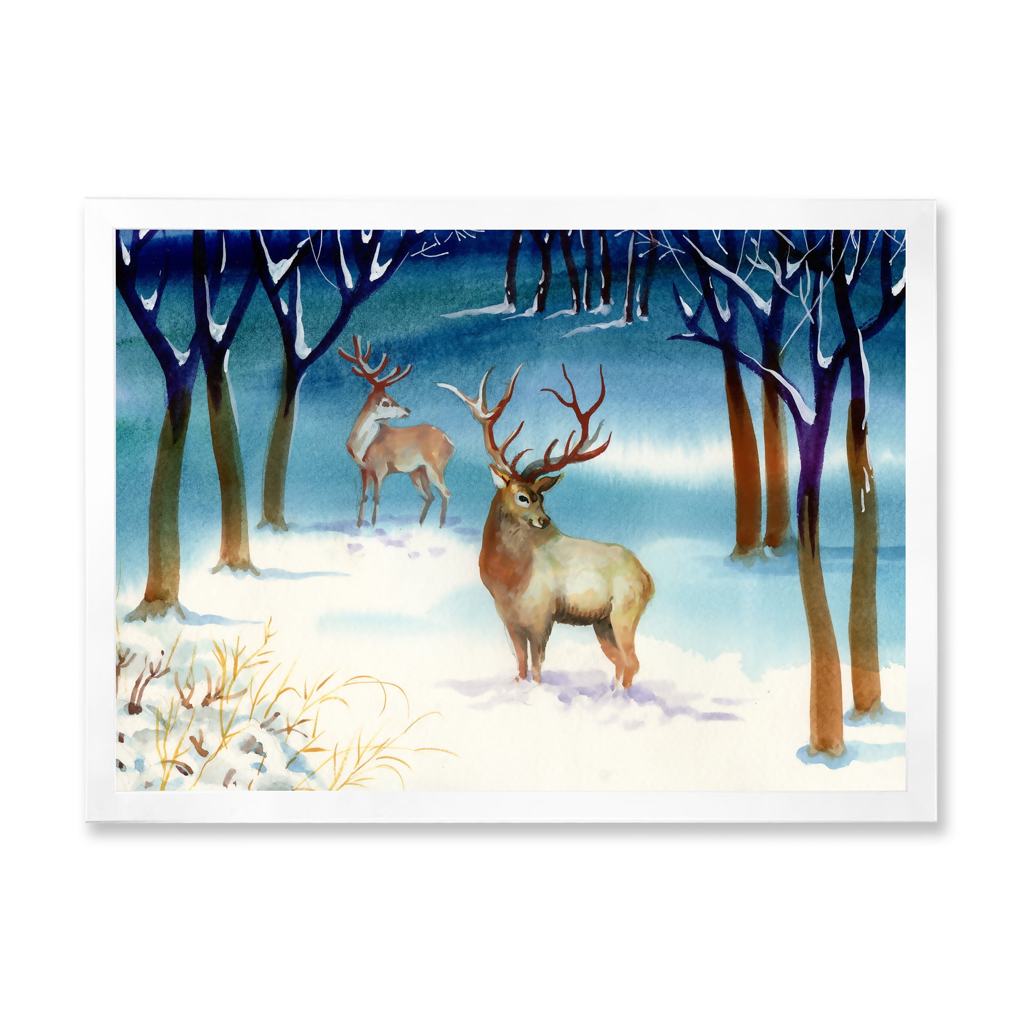 Designart 'Deers With Winter Landscape' Traditional Framed Art Print