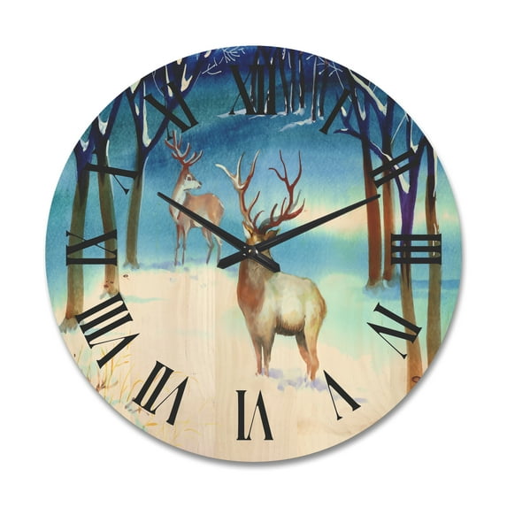 Designart 'Deers With Winter Landscape' Traditional Wood Wall Clock