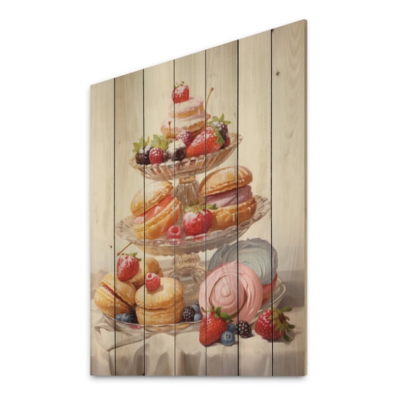 Designart "Delectable French Pastries V" Food & Beverage Print on Natural Pine Wood