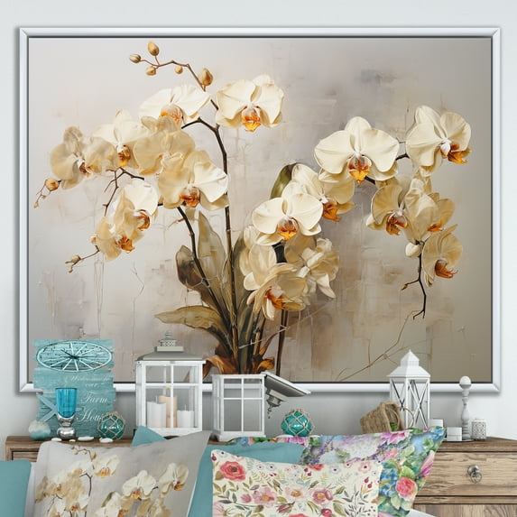 Designart "Delicate Abstraction Of Minimalist Orchid Blossoms" Orchids Floater Framed Wall Decor