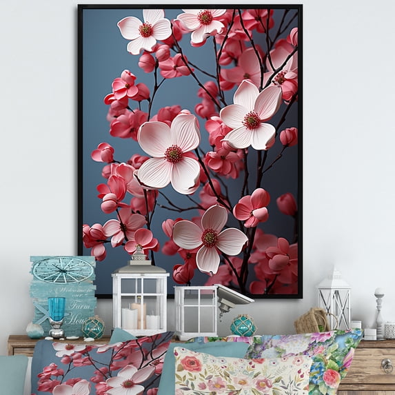 Designart "Delicate Beauty Of Pink Dogwood Blooms I" Dogwood Floater Framed Wall Art Prints